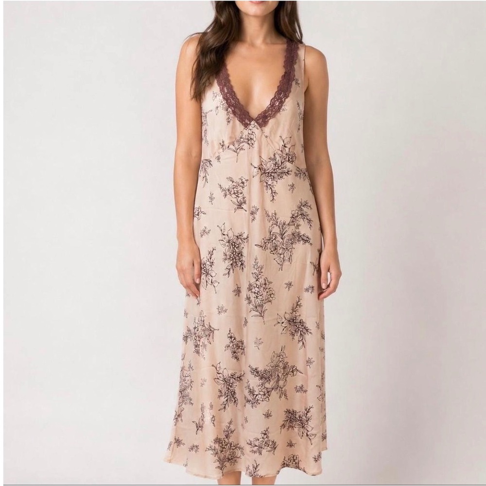 Y2K 90s Style Pink Floral Old Navy Midi Slip Dress Brown Lace Trim Whimsigoth M